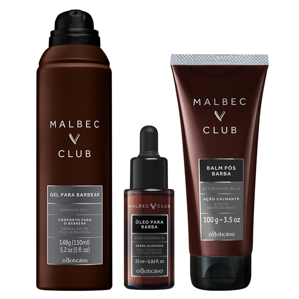 Combo Malbec Club Barba: Gel Espuma + Balm Pós Barba + Óleo para Barba