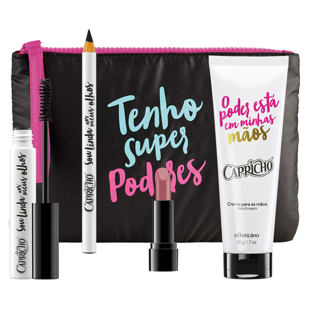 Combo Completo Capricho: Batom Cremoso Just Nude + Lápis Preto Olhos + Máscara Cílios + Creme Mãos + Nécessaire