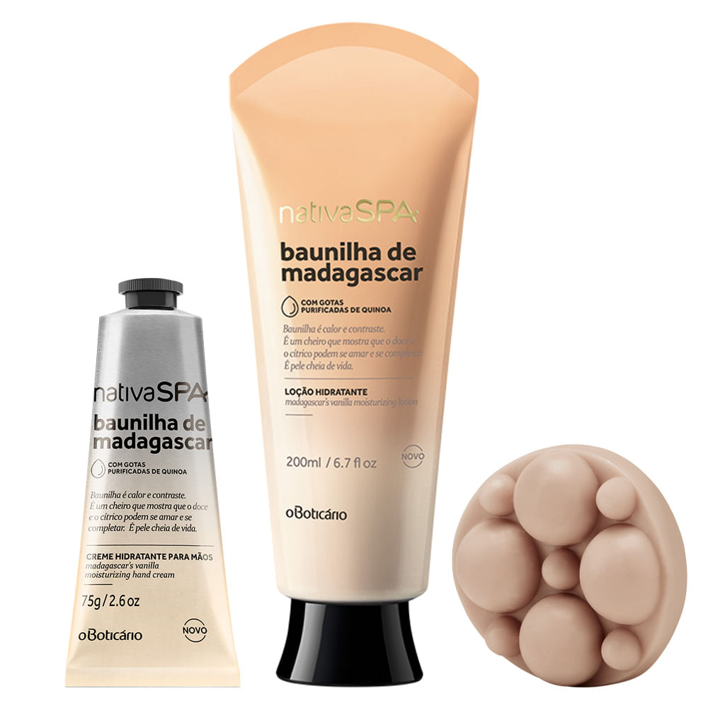 Combo Nativa Spa Baunilha De Madagascar: Loção Corporal 200 Ml + Creme Mãos + Sabonete Em Barra
