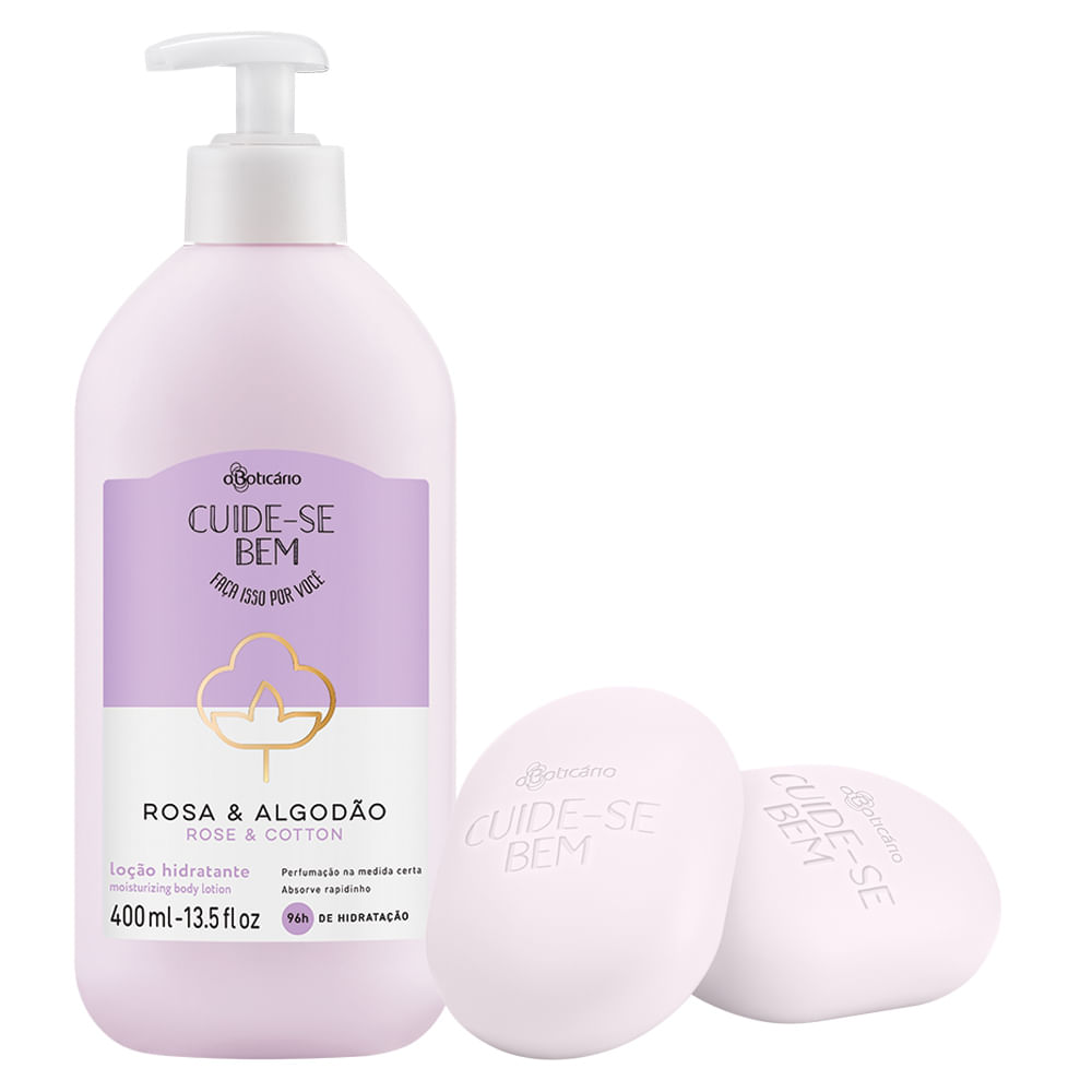 Combo Cuide-Se Bem Rosa E Algodão: Loção Corporal 400 Ml + 2 Sabonetes Em Barra