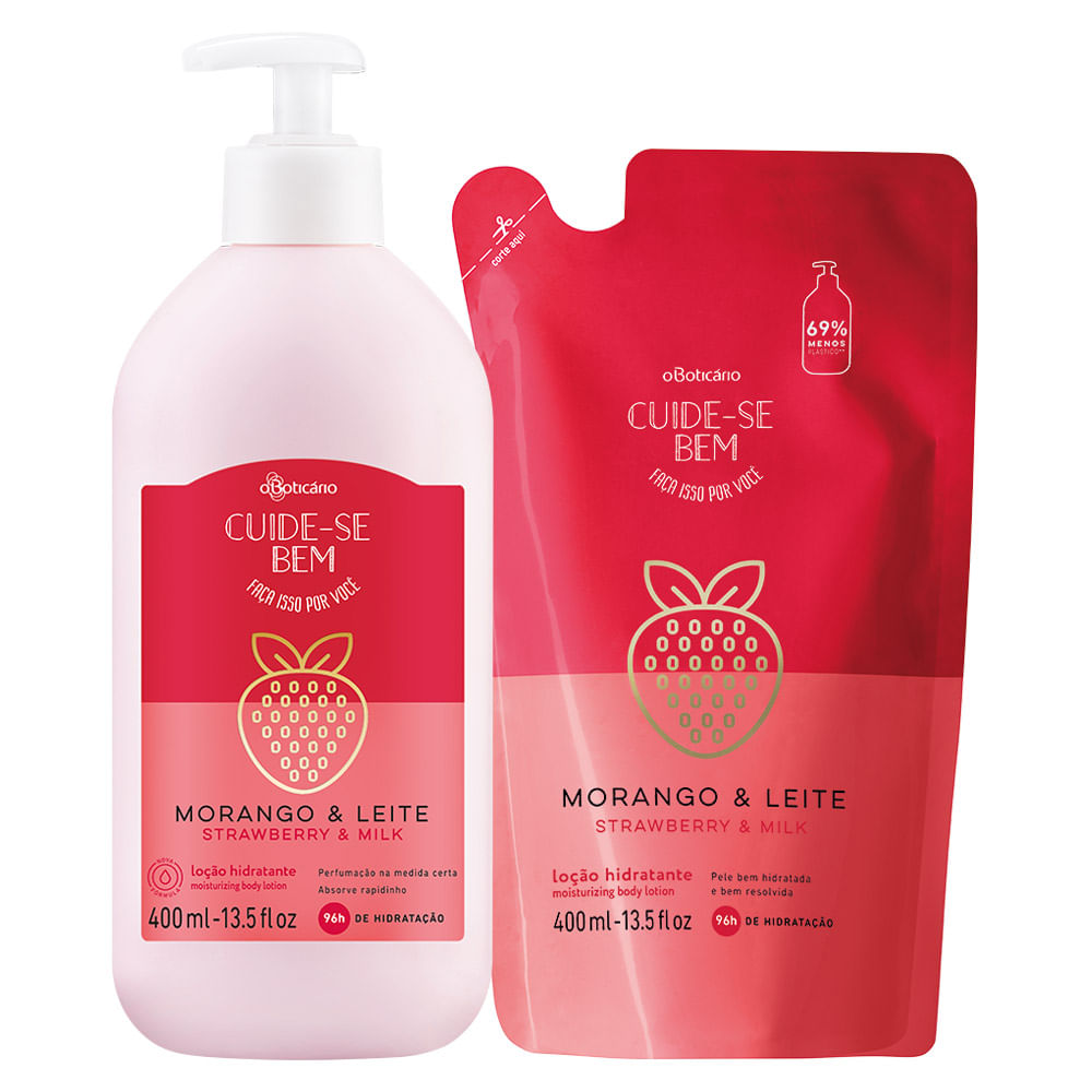 Combo Cuide-se Bem Morango e Leite: Loção Corporal Hidratante 400ml + Refil 400ml