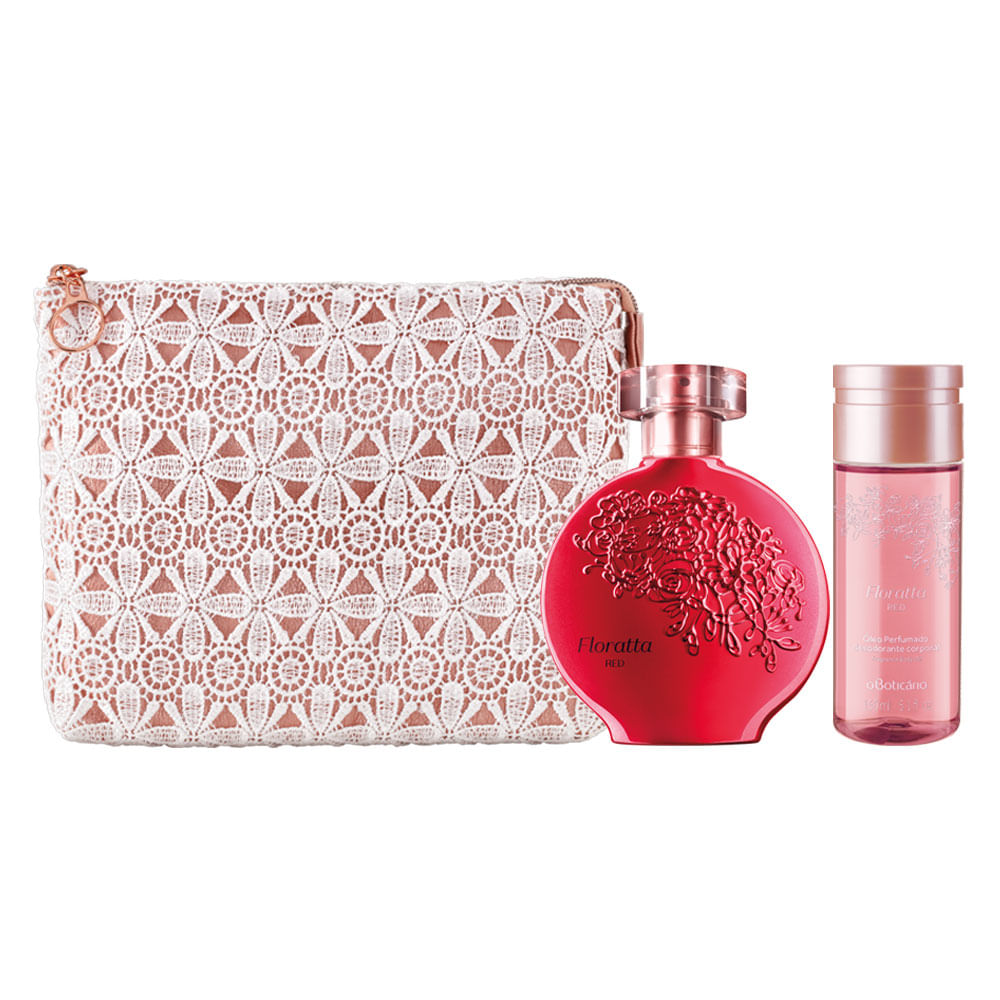 Combo Floratta Red: Desodorante Colônia + Óleo Perfumado Corporal + Nécessaire Renda