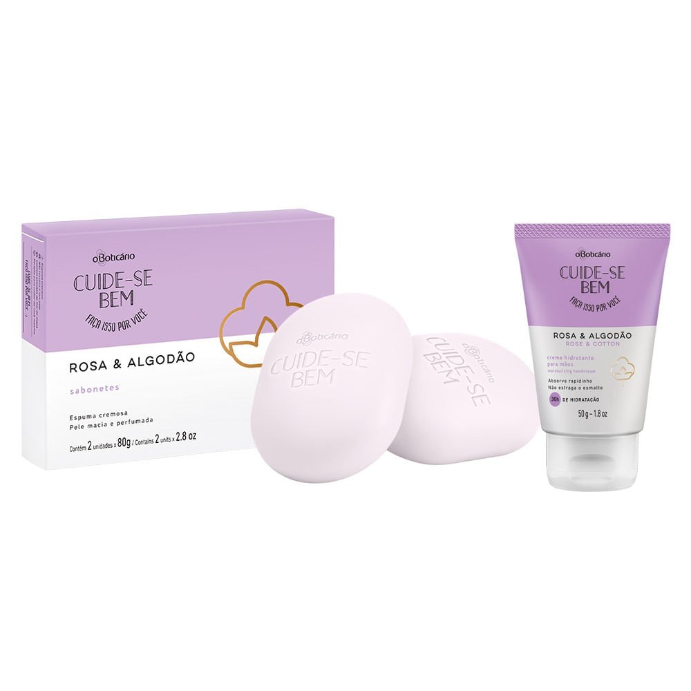 Combo Cuide-se Bem Rosa & Algodão: Creme Hidratante Desodorante Mãos + 2 Sabonetes em Barra