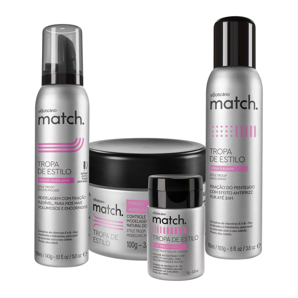 Combo Match Finalização: Mousse Modelador + Pomada Modeladora + Pó Volumador + Spray Fixador