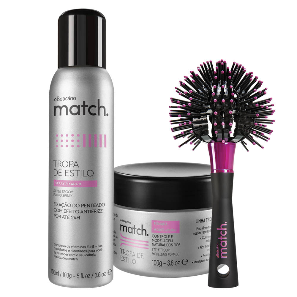 Combo Match Modelador: Pomada Modeladora + Escova para Modelar + Spray Fixador