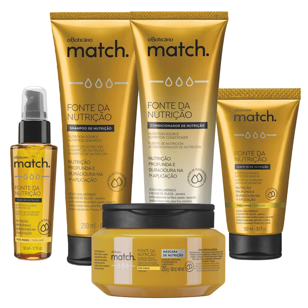 Combo Match Fonte da Nutrição Fios Finos: Shampoo + Condicionador + Máscara Capilar + Creme para Pentear + Óleo Capilar