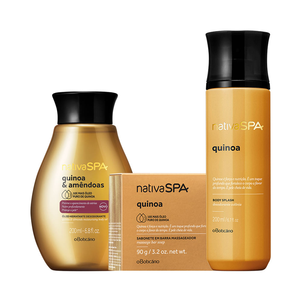 Combo Nativa Spa Quinoa E Amêndoas: Sabonete Em Barra + Óleo Hidratante + Body Splash