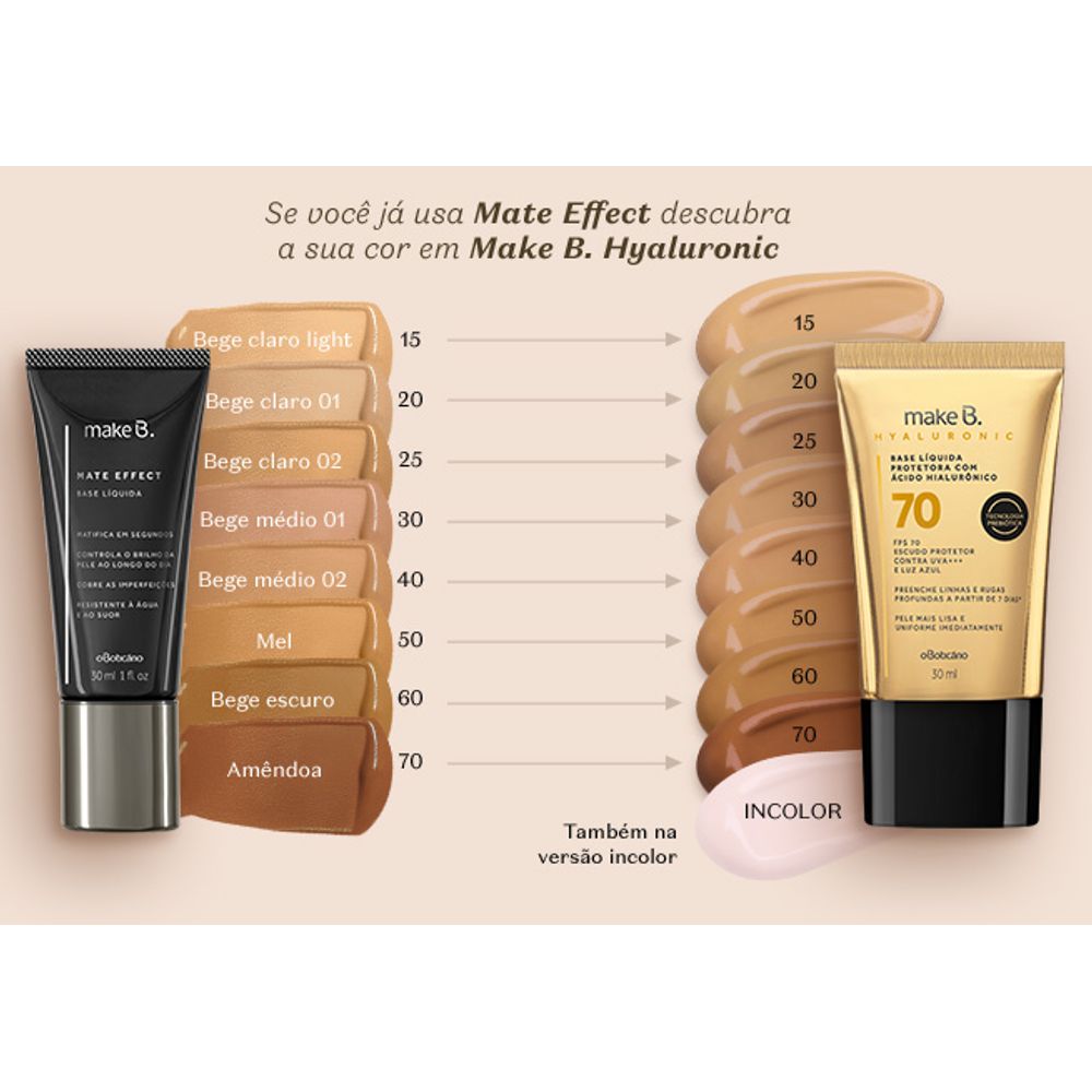 Base Líquida Protetora Make B. Hyaluronic FPS 70, cor 20, 30 ml