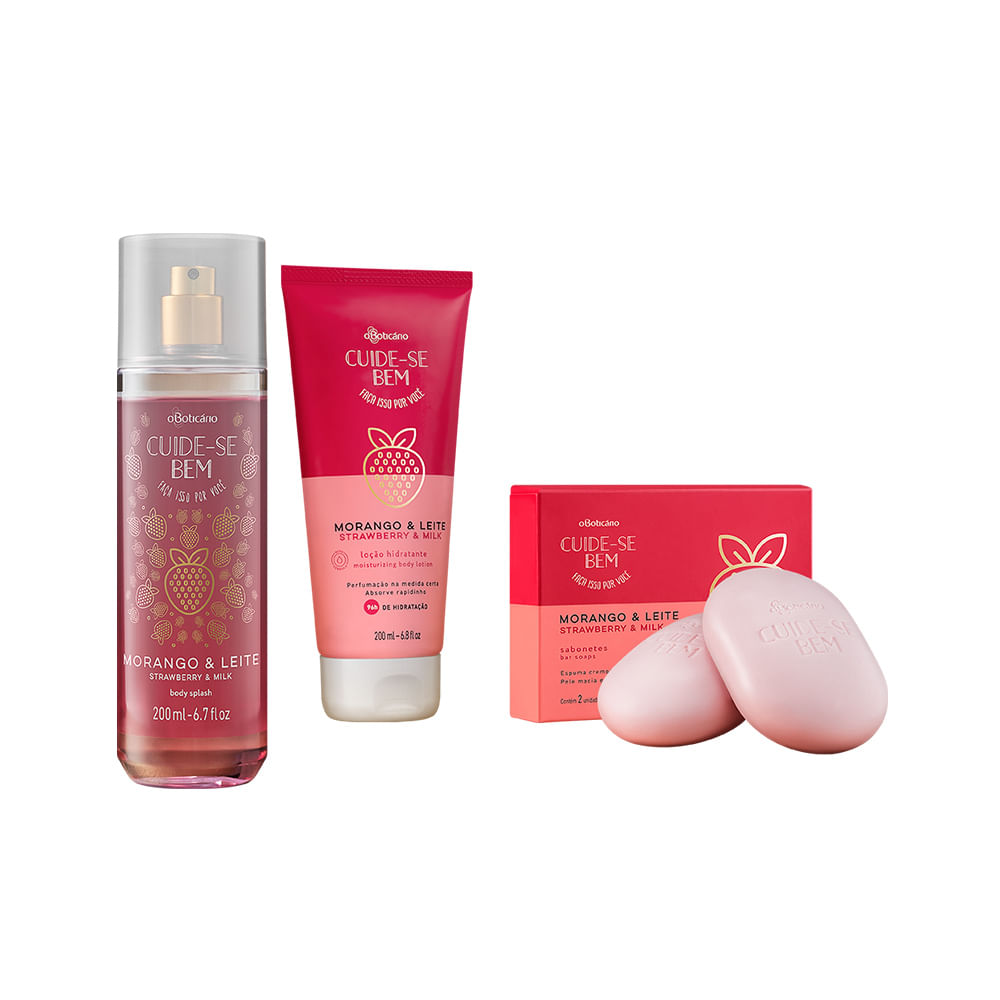 Combo Cuide-Se Bem Morango e Leite: Loção Hidratante 200ml + Desodorante Spray 200ml + Sabonete em Barra 2x80g