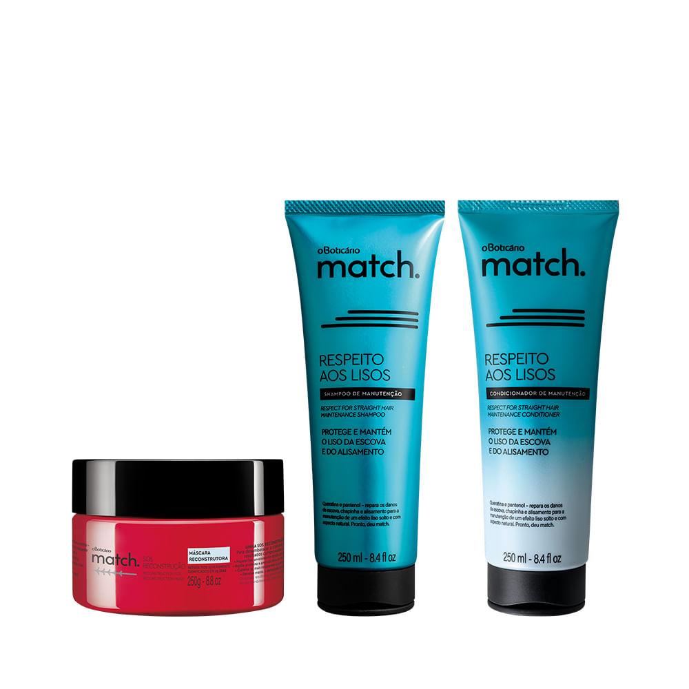 Combo Match Respeito Aos Lisos + Sos Reconstrução: Shampoo, 250ml + Condicionador, 250ml + Máscara Capilar, 250g