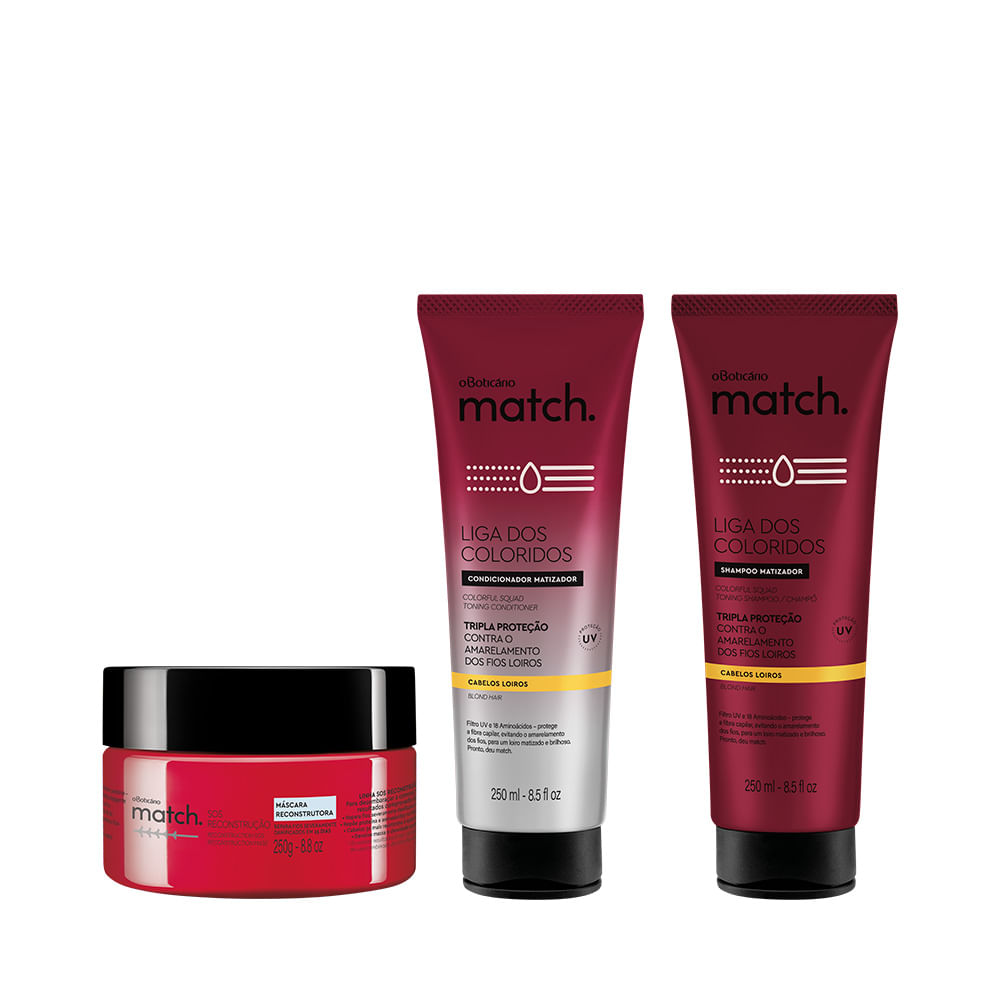 Combo Match Matizador Loiros + Sos Reconstrução: Shampoo, 250ml + Condicionador 250ml + Máscara Capilar, 250g