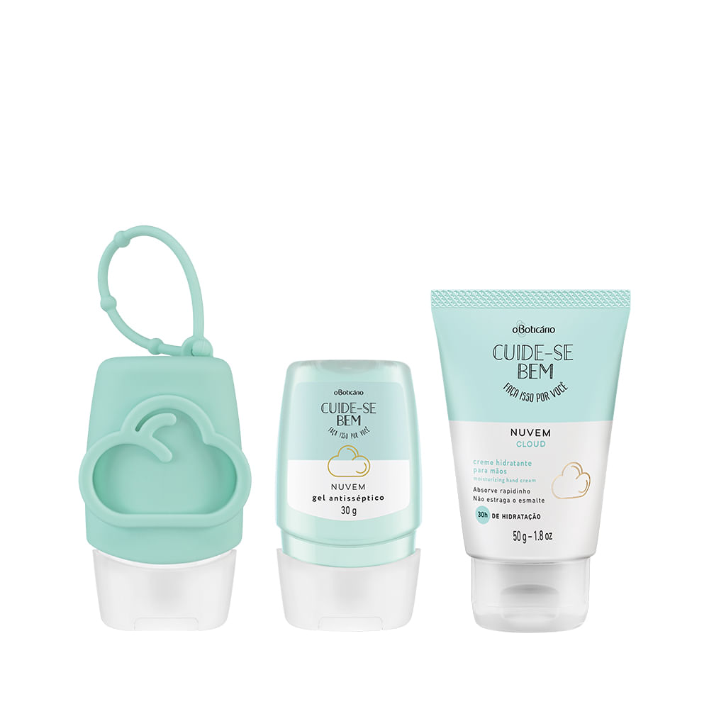 Combo Cuide-Se Bem Nuvem: Álcool Em gel, 30g + Capinha Em Silicone + Creme Para Mãos, 50g