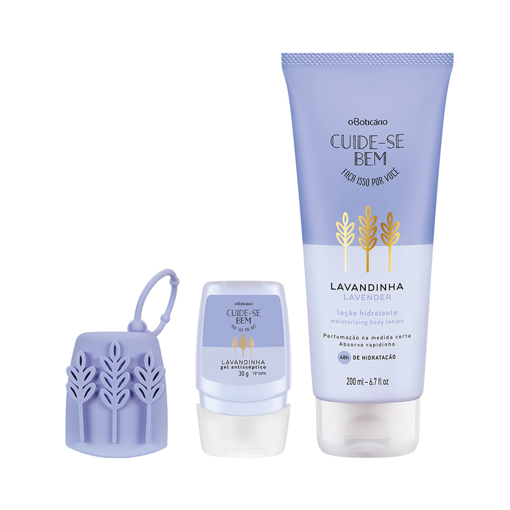 Combo Cuide-Se Bem Lavandinha: Álcool Em gel, 30g + Capinha Em Silicone + Hidratante Corporal, 200ml