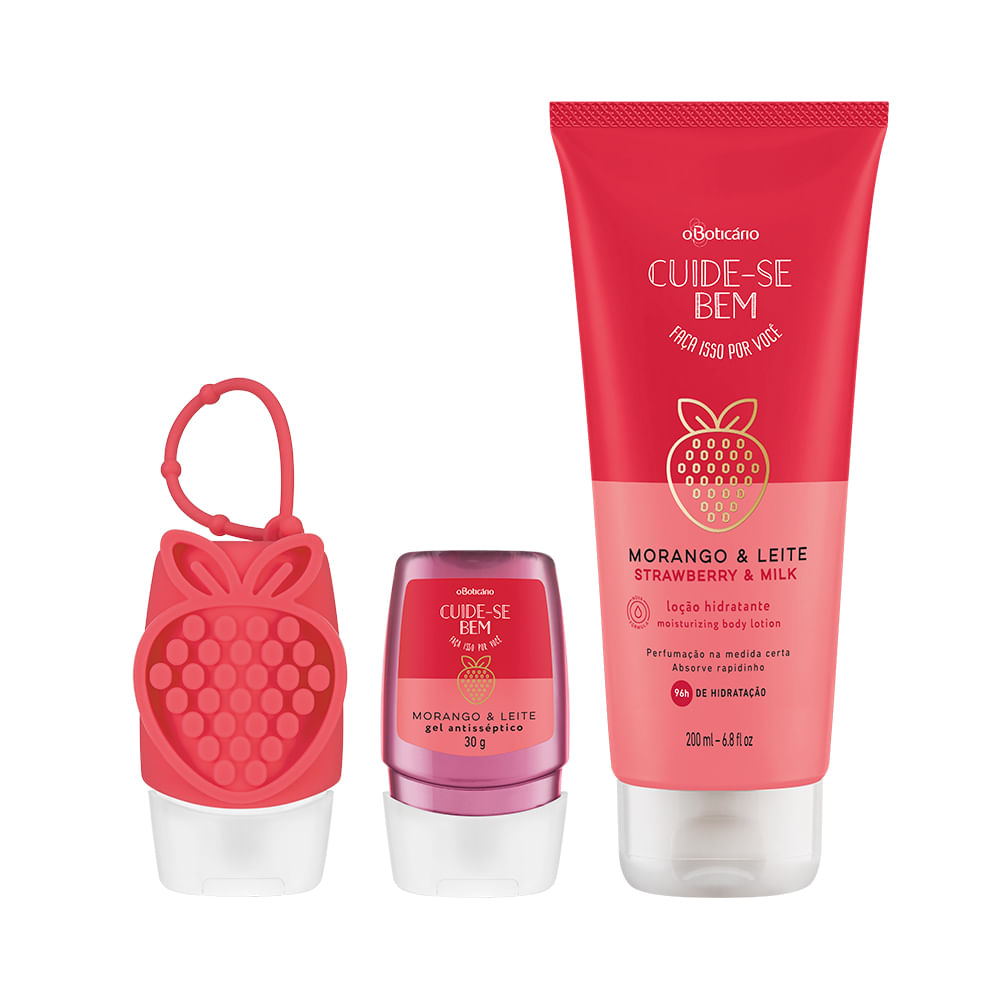 Combo Cuide-Se Bem Morango E Leite: Álcool Em gel, 30g + Capinha Em Silicone + Hidratante Corporal, 200ml