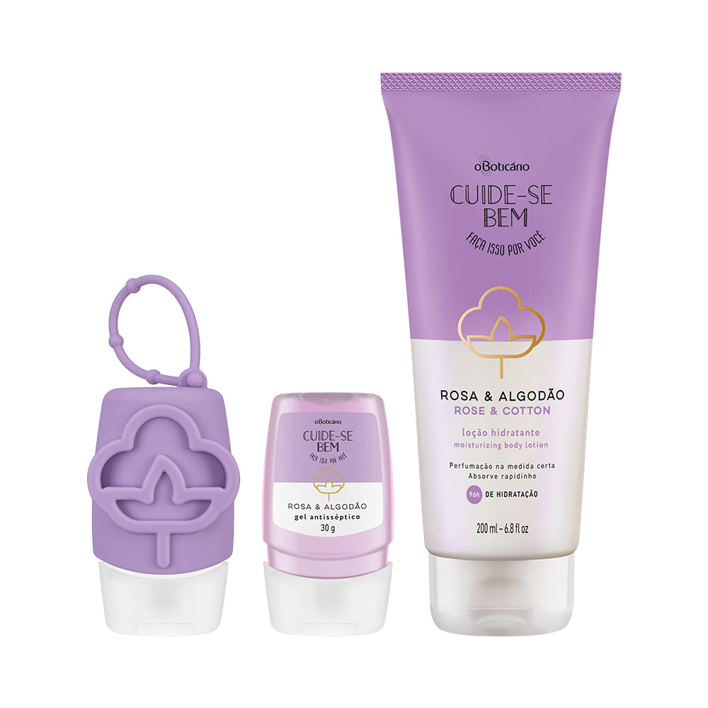Combo Cuide-Se Bem Rosa E Algodão: Álcool Em gel, 30g + Capinha Em Silicone + Hidratante Corporal, 200ml