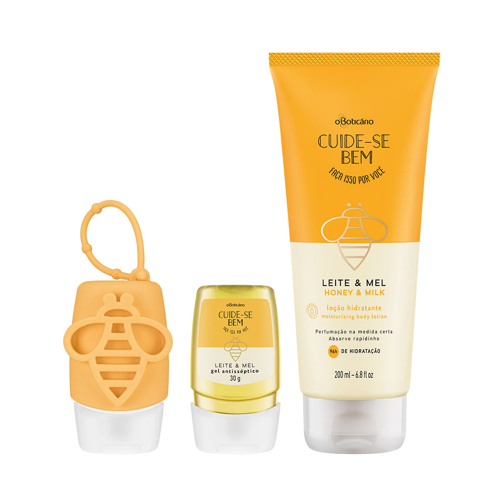Combo Cuide-Se Bem Leite E Mel Álcool Em gel, 30g + Capinha Em Silicone + Hidratante Corporal, 200ml