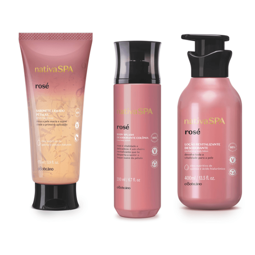 Combo Nativa Spa Rosé: Sabonete Líquido Corporal, 175 ml + Body Splash, 200 ml + Loção Revitalizante Corporal, 400 ml