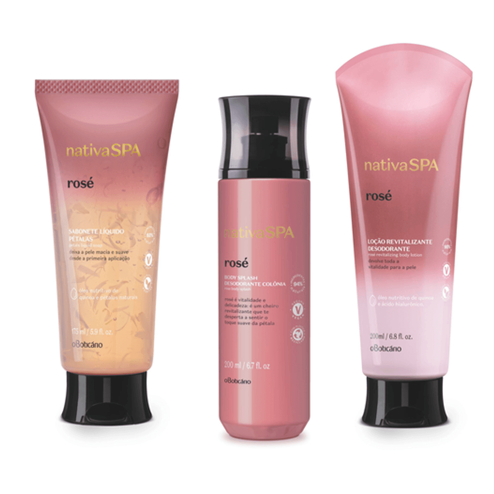 Combo Nativa Spa Rosé: Sabonete Líquido 175ml + Body Splash 200ml + Loção Revitalizante 200ml