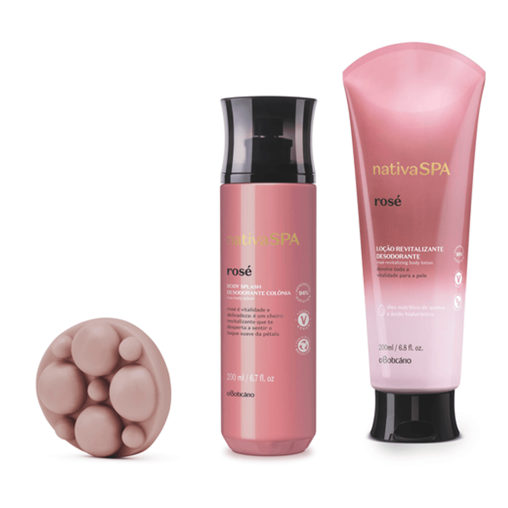 Combo Nativa Spa Rosé: Sabonete Em Barra Massa geador, 90 g + Body Splash, 200 ml + Loção Revitalizante Corporal, 200 ml