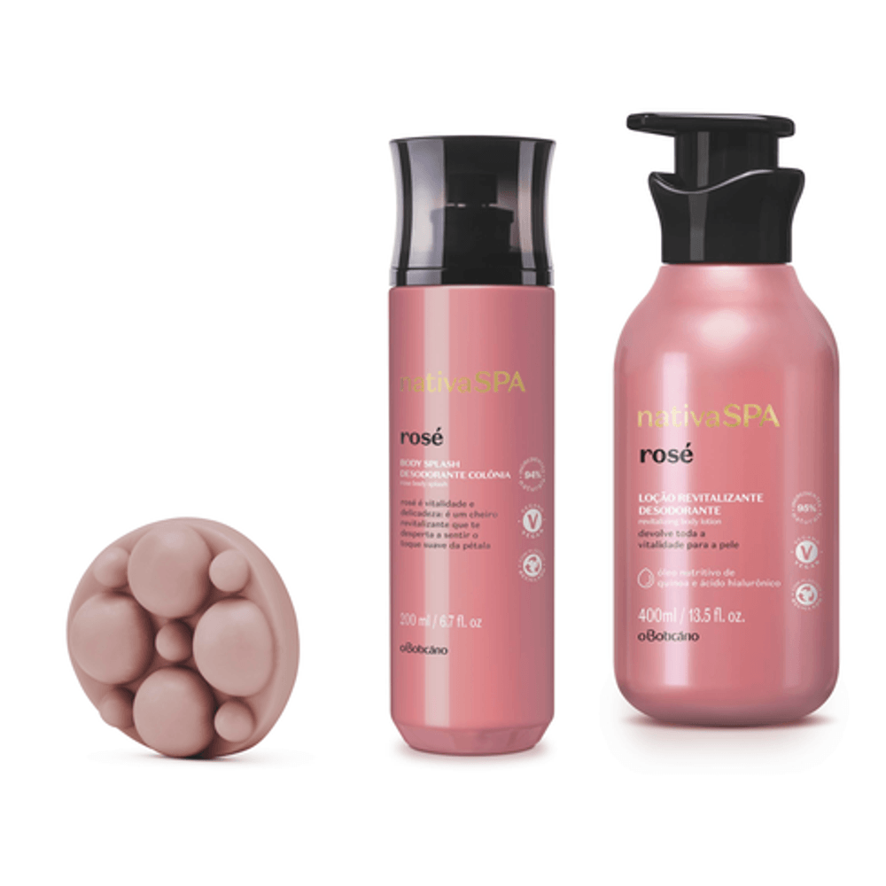Combo Nativa Spa Rosé: Sabonete Em Barra Massa geador, 90 g + Body Splash, 200 ml + Loção Revitalizante Corporal, 400 ml