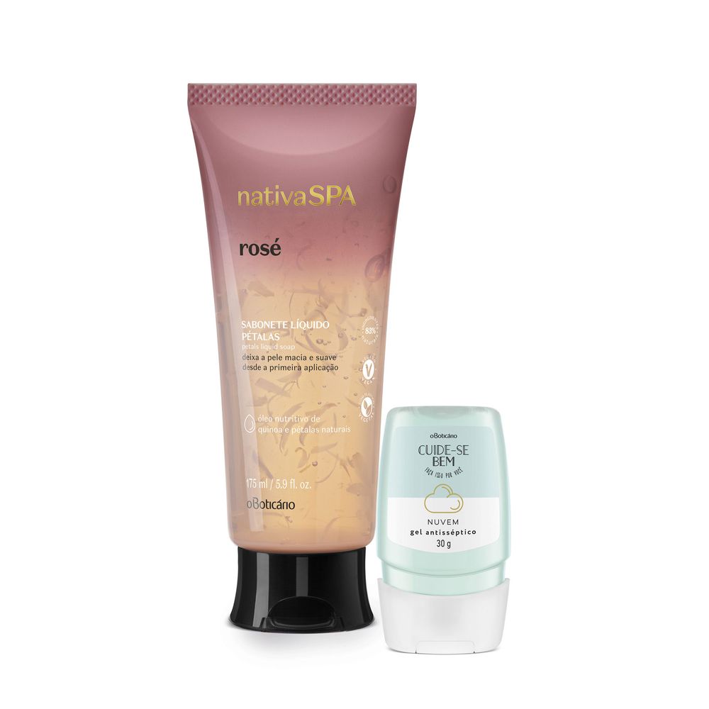 Combo Cuide-se Bem Alcool Gel Nuvem 30g + Sabonete Liquido Nativa Spa Rosé