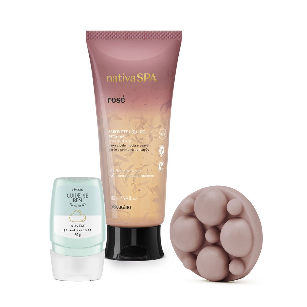 Combo Cuide-se Bem Alcool Gel Nuvem 30g + Sabonete Liquido e Barra Nativa Spa Rosé