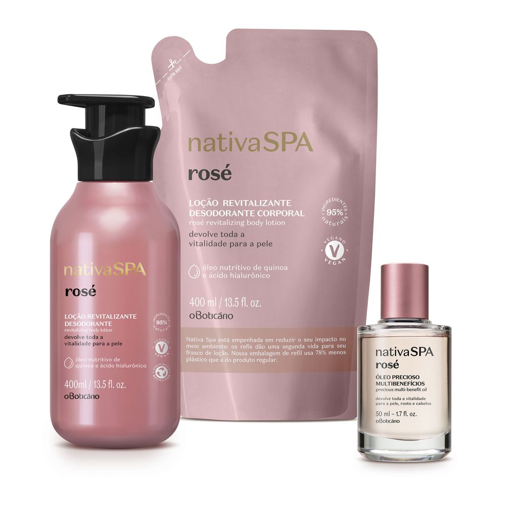 Combo Nativa Spa Rosé : Óleo Precioso + Loção 400ml + Loção Refil 400ml