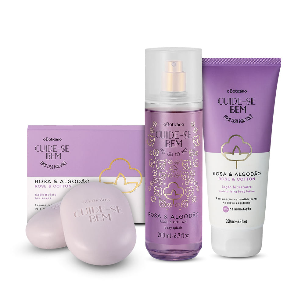 Combo Cuide-Se Bem Rosa E Algodão: Body Splash, 200 ml + Loção Hidratante Corporal 100 ml + Sabonete Em Barra, 2Un, 80g Cada