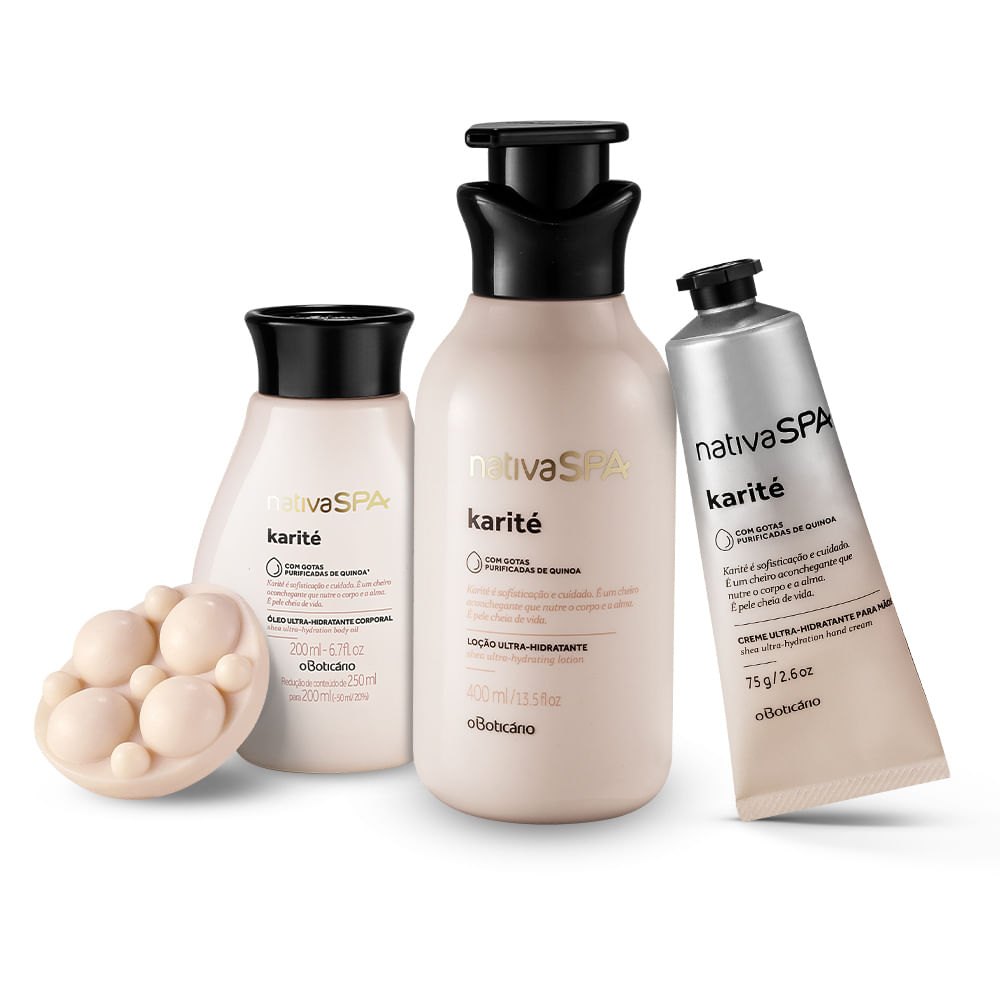 Combo Nativa Spa Karité: Creme Para Mãos, 75g + Loção Ultra Hidratante Corporal, 400 ml + Oleo Desodorante Corporal, 200 ml + Sabonete Em Barra, 90g