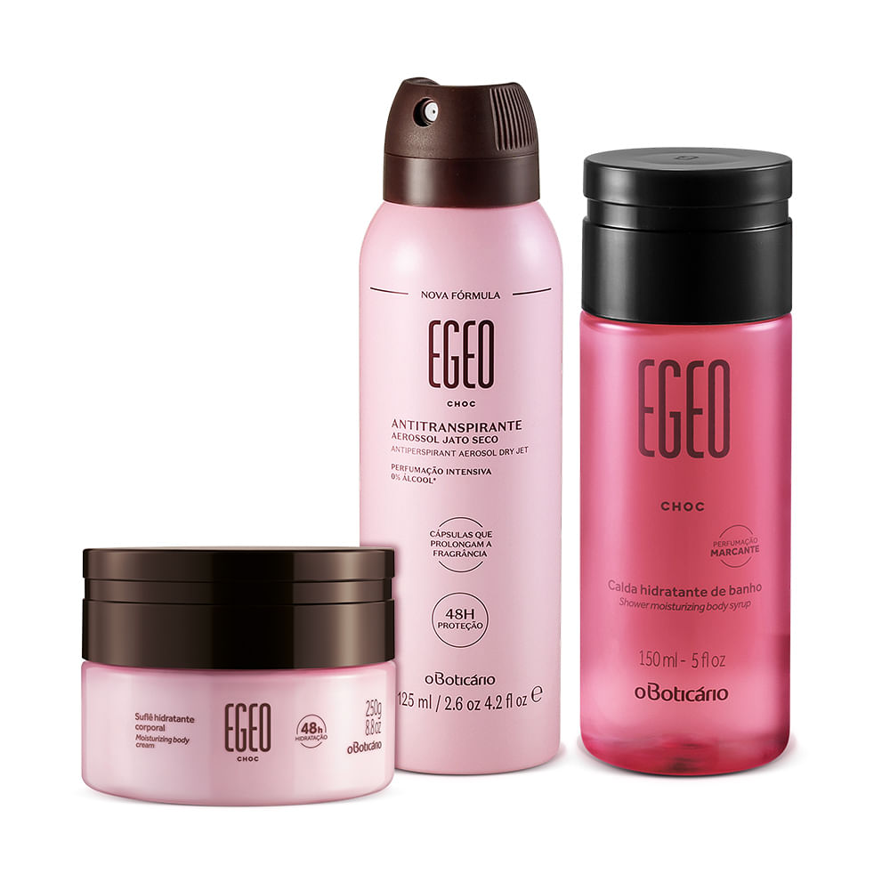 Combo Egeo Choc: Desodorante Antitranspirante Aerosol, 75g/125 ml + Calda Hidratante De Banho, 150 ml + Hidratante Corporal Suflê, 250g
